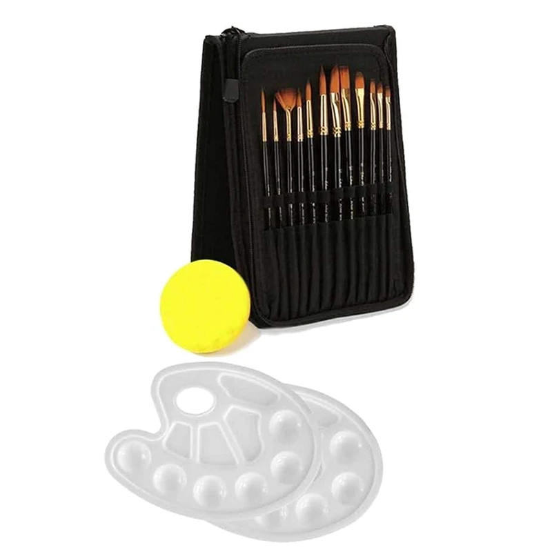 

15Pcs Paint Brush Set With 12 Brushes Sponge And Palette For Watercolor Oil Acrylic Painting