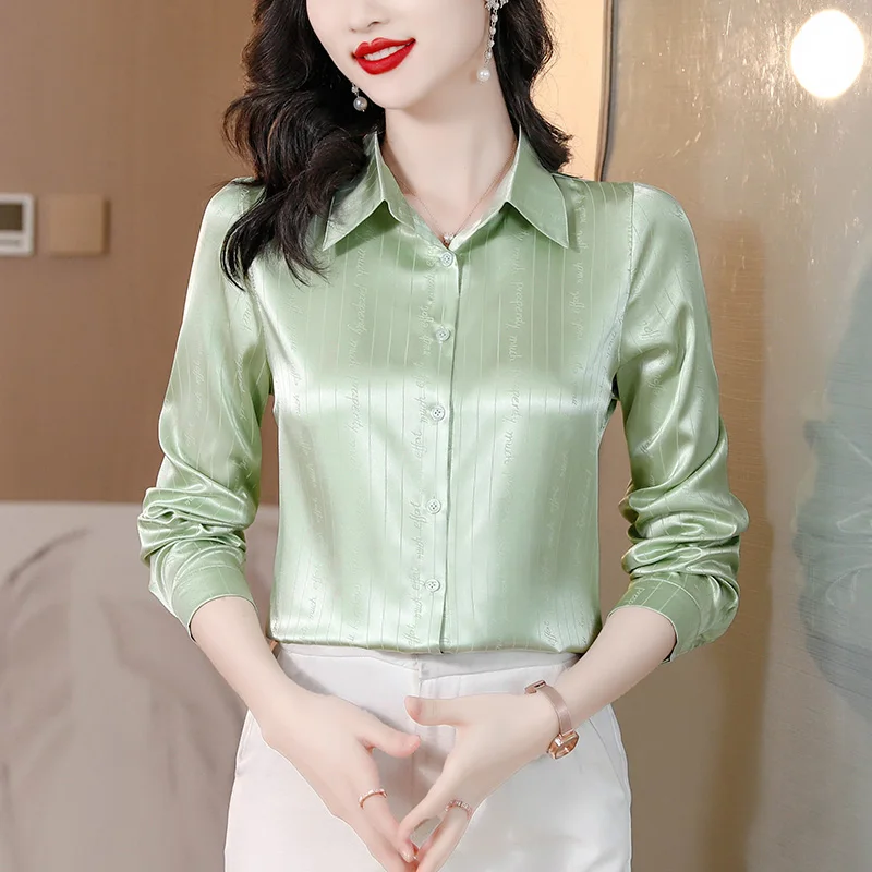 

Spring new high-end heavy silk design coat long-sleeved work clothes women shirt blouse women tops pink top