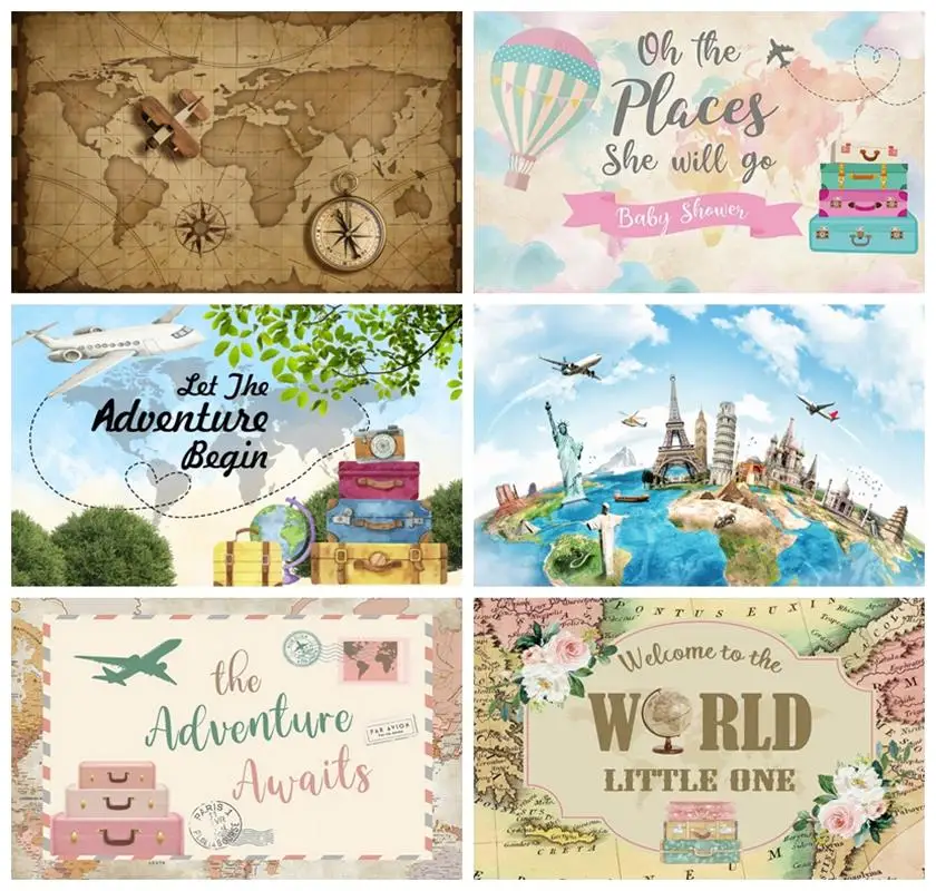 

Laeacco Global Adventure Auailts World Tour Photocall Backgrounds Child Birthday Poster Portrait Customized Photography Backdrop