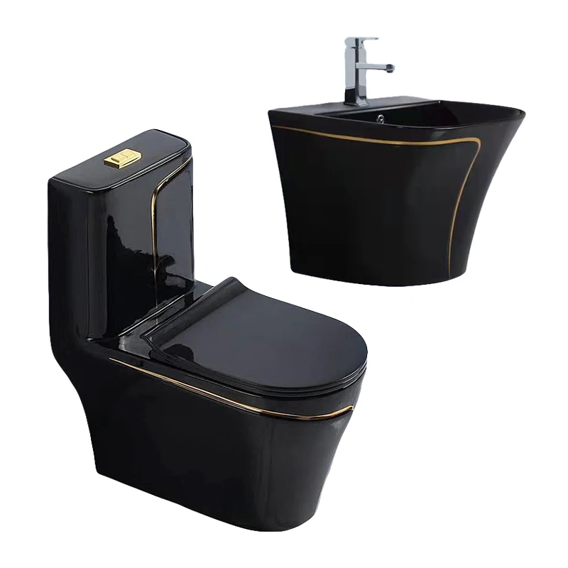 

Luxury design bathroom porcelain sanitary ware trap one piece ceramic toilet bowl and sink set black color toilet