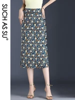 spring summer ladies high waist plant flowers skirt sexy slim s 3xl size mid long simulated silk button pencil skirts female