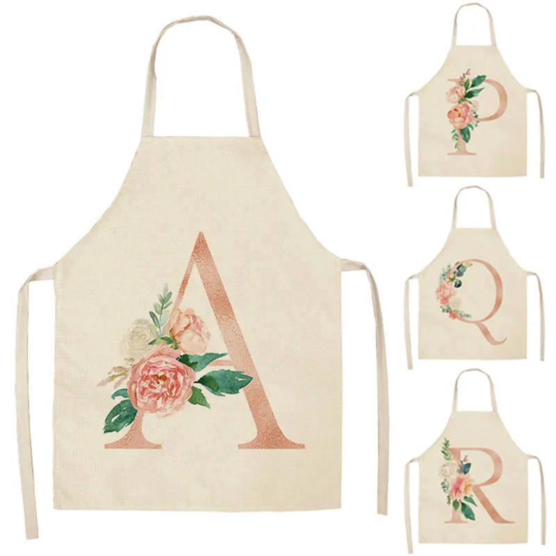 

1Pcs Kitchen Aprons for Women Cotton Linen Bibs Letter Flower Printed Household Cleaning Pinafore Home Cooking Apron 68*55cm