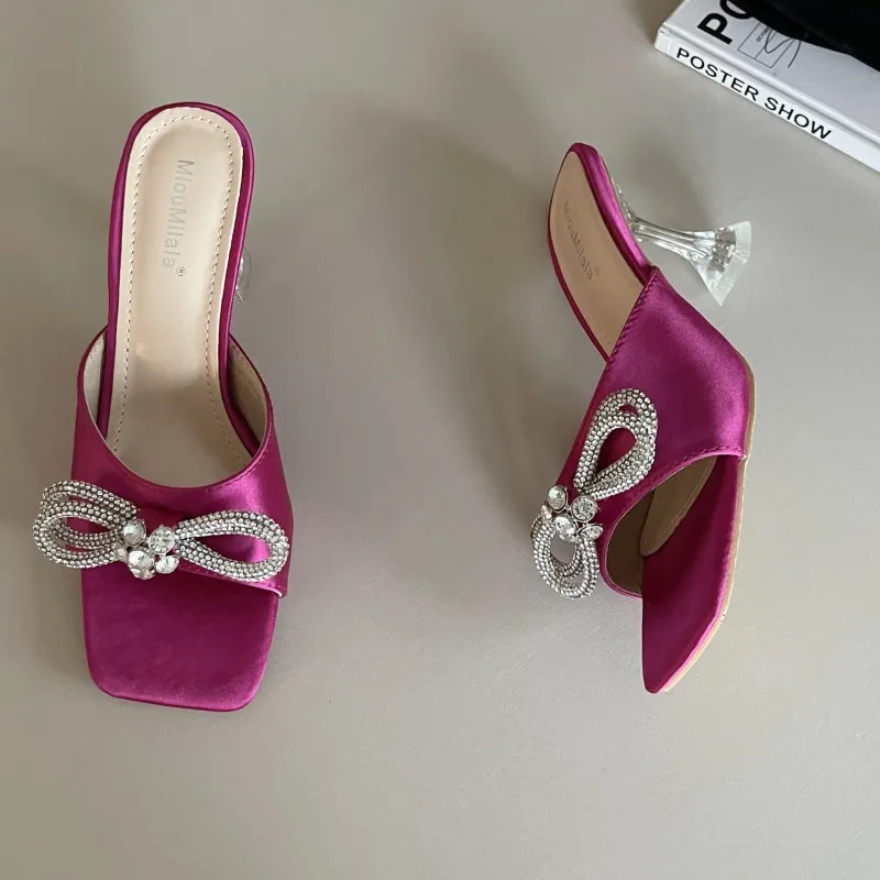 2023 Summer New Fashion Rhinestone High-heeled Sandals and Slippers Square Head Crystal Bow Wine Glass with Women's Shoes