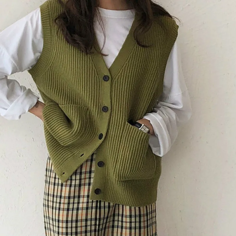 

Вязаный свитер, жилет, Женский мягкий эластичный простой базовый Повседневный Однотонный свитер с V-образным вырезом, женская уличная одежда, винтажный корейский Универсальный