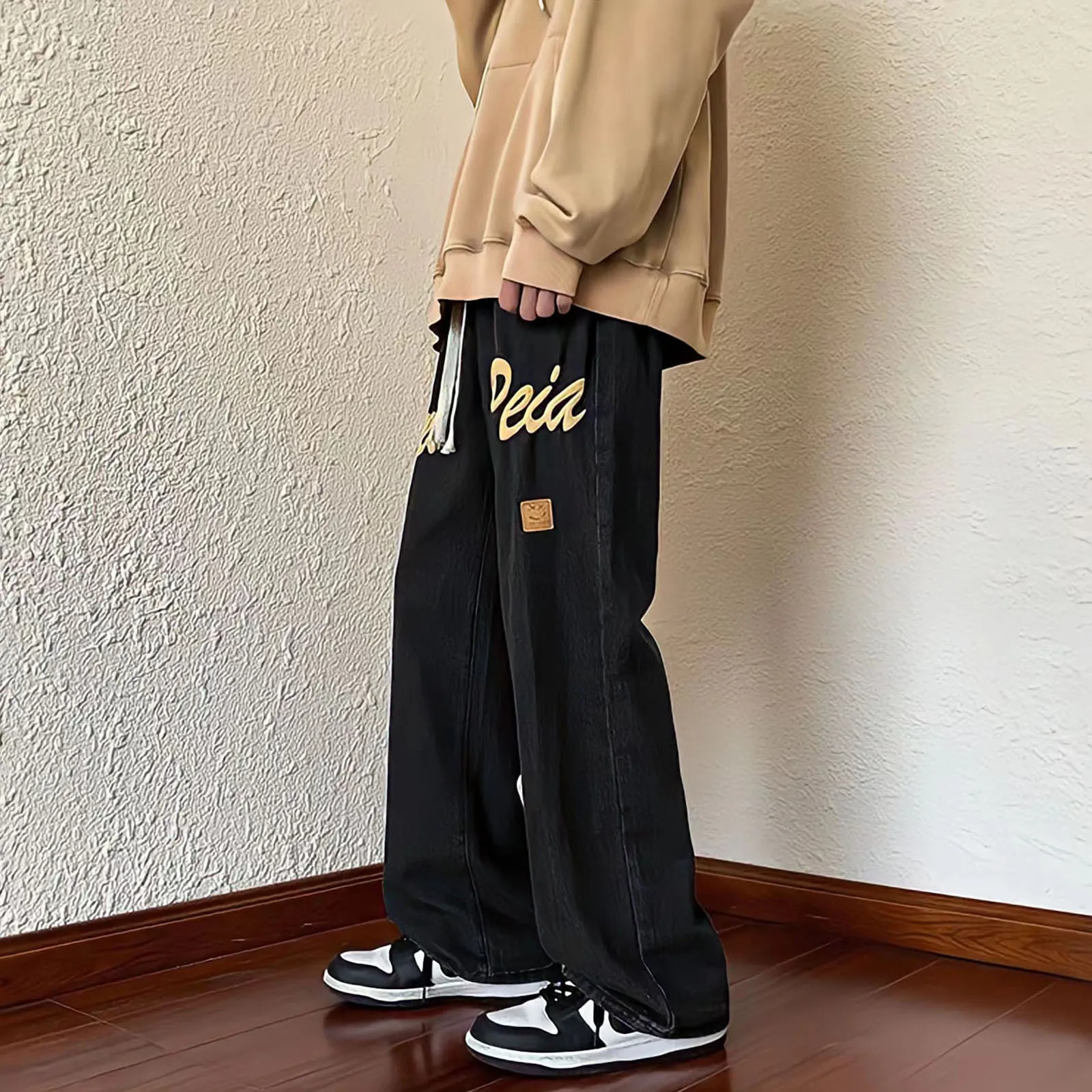 Korean Fashion Baggy Jeans Man Black Straight Pants Streetwear Hip Hop Letter Foaming Printing Oversized Casual Denim Trousers