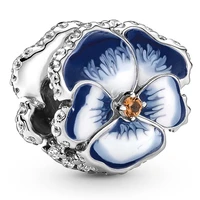 authentic 925 sterling silver blue pansy flower with crystal charm bead fit pandora bracelet necklace jewelry
