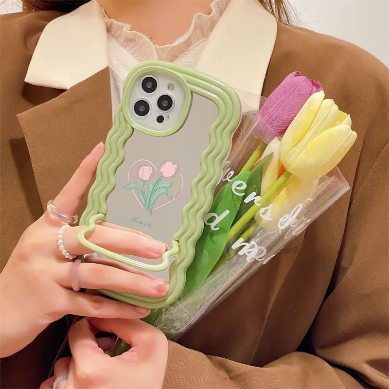 

Luxury Retro Art Mirror Tulip Flowers Invisible Stand Case For IPhone 13 12 11 Pro XS Max XR Green Wavy Edge Foldable Soft Cover