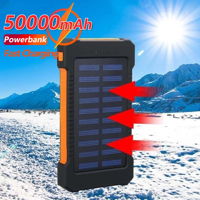 

Top Solar Power Bank 50000mAh Waterproof Case Kits Dual USB Smartphone Battery Charger External Box Flashlight Powerbank for i14