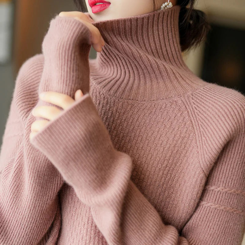 

Stripped High Neck Autumn and Winter New 100% Pure Wool Sweater Loose Thickened Bottomed Thin Knitwear Women