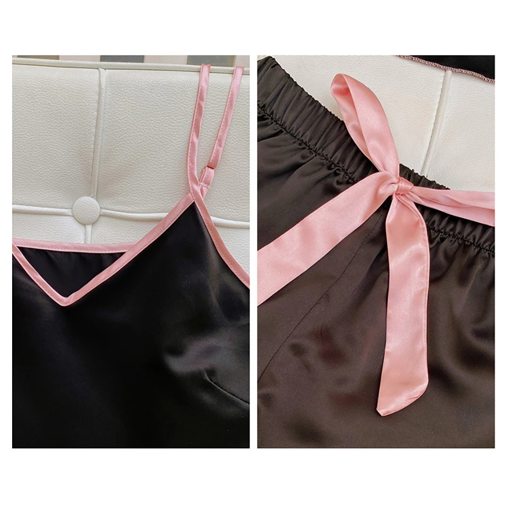 Sexy Pajama Suit V-Neck Suspender and Bownot Ruffle Shorts 2 Pieces Set Summer Satin Ice Silk Pajamas Home Clothes