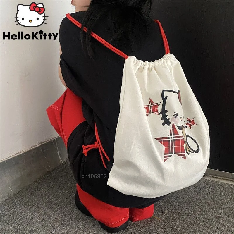 Sanrio Hello Kitty Backpack Y2k Girl Drawstring Large Capacity Bags Women Fashion Trend Harajuku Shopping Bags Back Pack Teenage