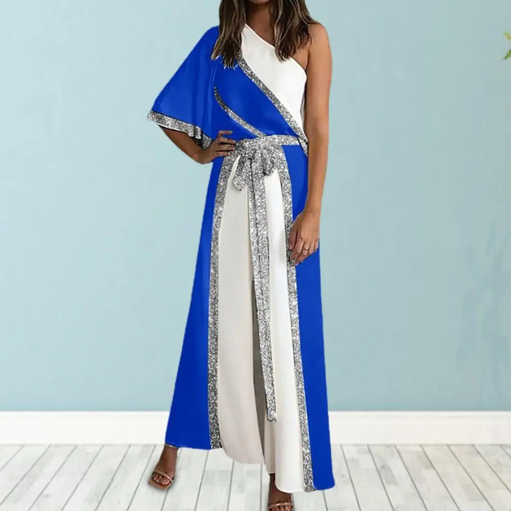 

Women Jumpsuit Lace-up Casual Jumpsuit Shiny Bar Patchwork One Shoulder Jumpsuit