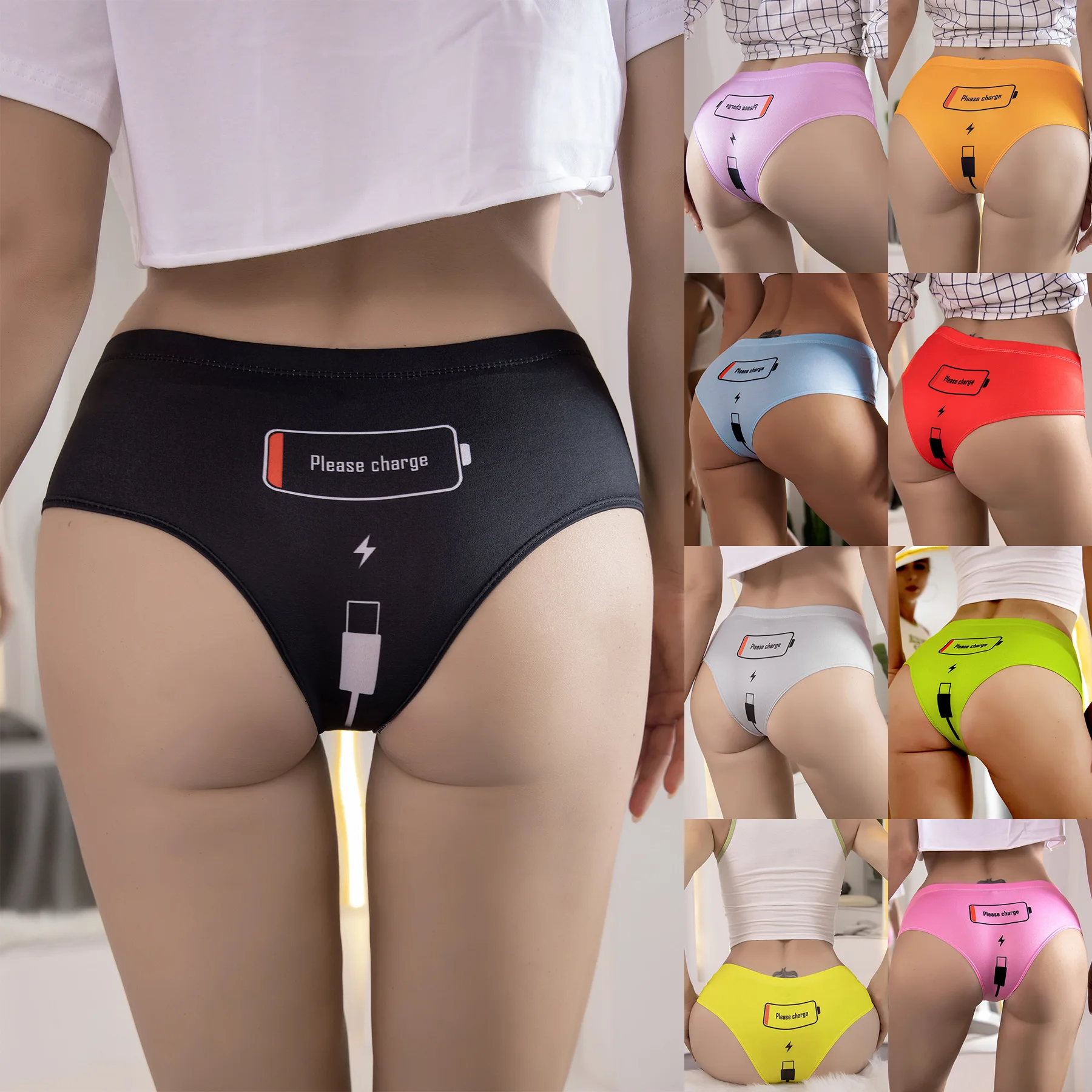 

Funny Panties for Women Battery Charging Pattern Women Briefs Lingerie Lace Sexy Panties Mid-waist Femmel Briefs Underwear Women