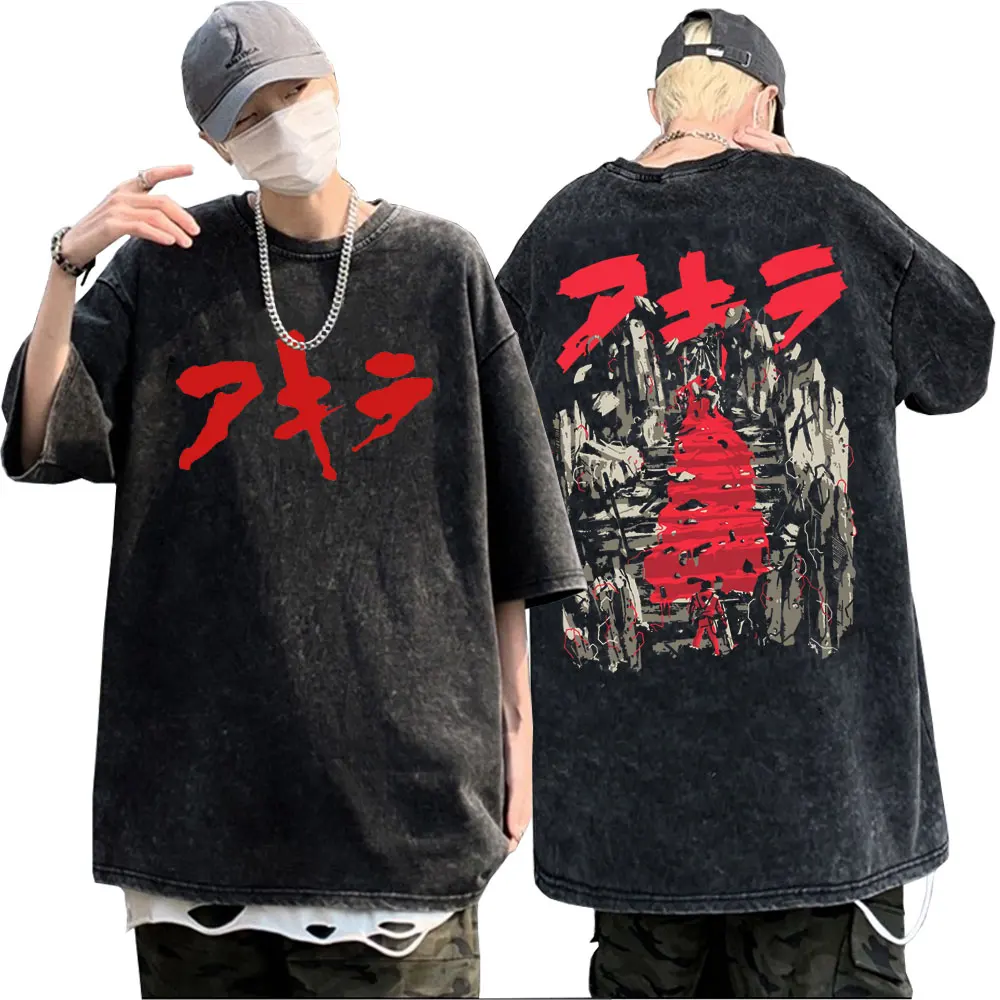 

Wash Vintage Black Anime Neo Tokyo Akira Movie Science Fiction Shotaro Kaneda Graphic Tshirt Manga Streetwear Men Tops T Shirts