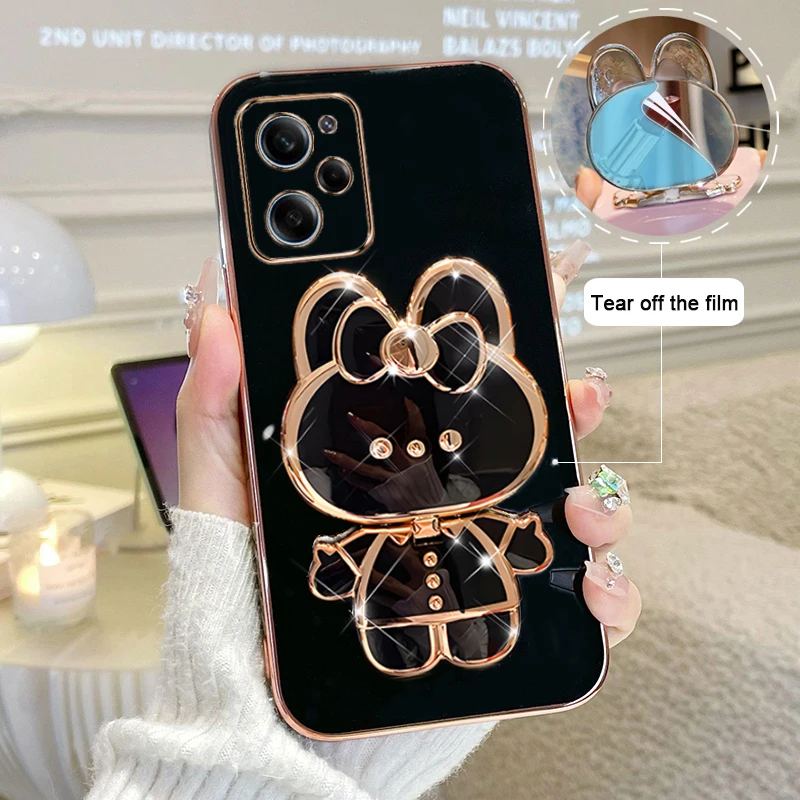 

For Xiaomi Poco X5 Pro Phone Case Soft Silicone Plating Cartoon Rabbit Fold Stand Makeup Mirror Bracket Cover