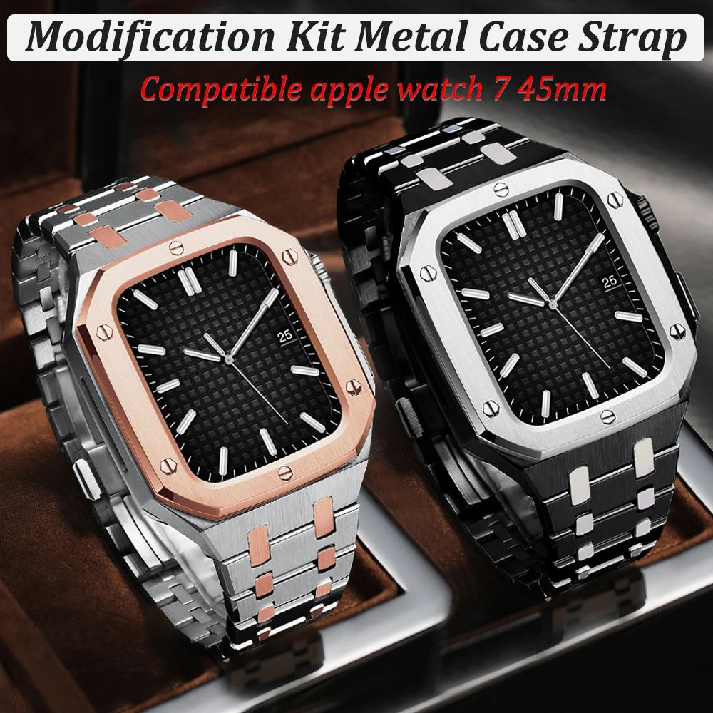 

Роскошный металлический чехол + ремешок для Apple Watch Series 8 7 45 мм 44 мм 42 мм, комплект для модификации браслета из нержавеющей стали для iWatch 6 5 4 SE