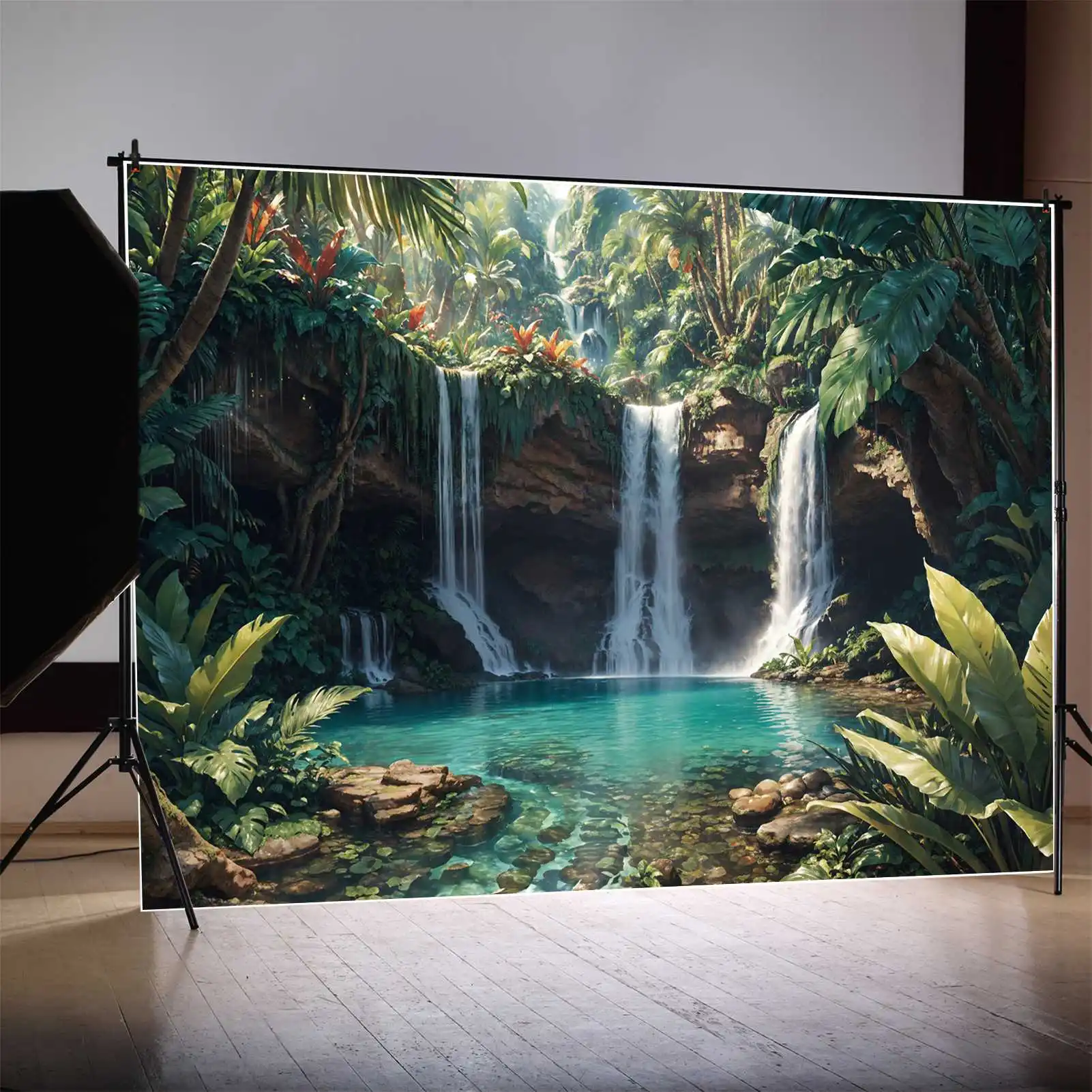 

Jungle Mountains Waterfall Photography Backdrops Lakes Rocks Green Palm Tree Customized Baby Photobooth Backgrounds Studio Props