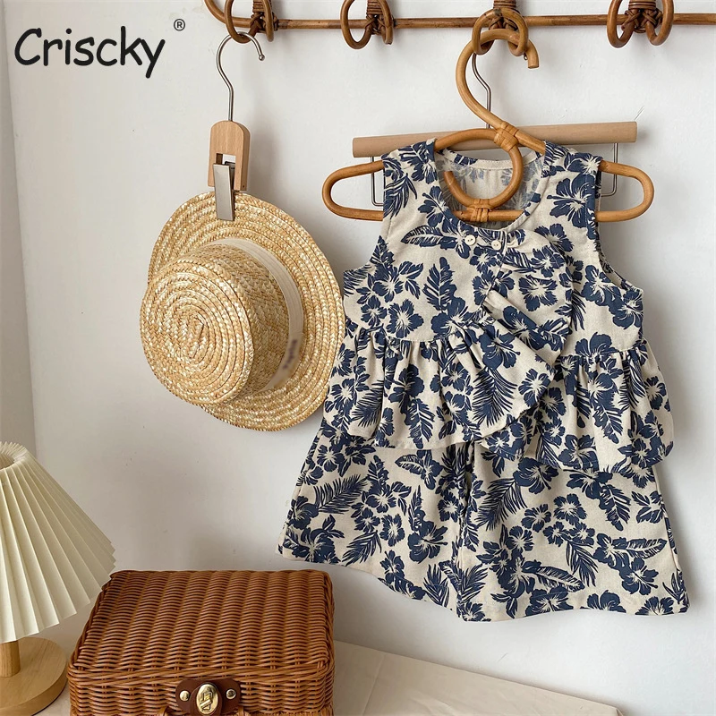

Criscky Baby Girl Clothes Suit Retro Floral Sleeveless Ruffle Top+Shorts Suits New Summer Soft Cotton Girls Clothing Sets 2pcs