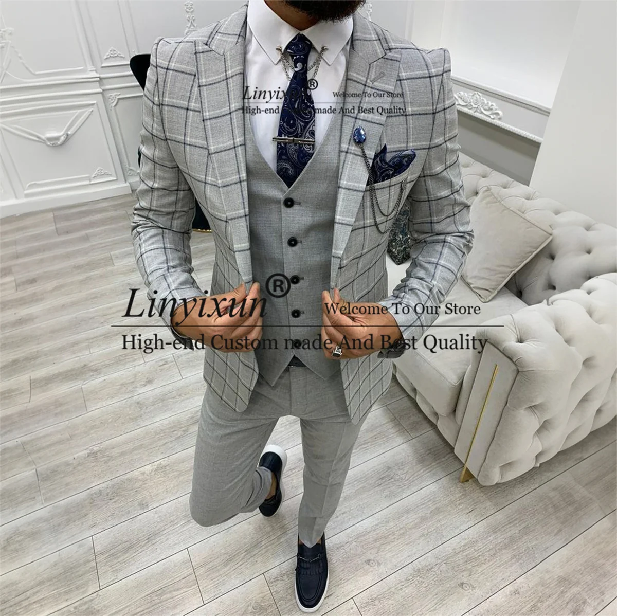 Модные мужские клетчатые костюмы с заостренным отворотом свадебные смокинги для