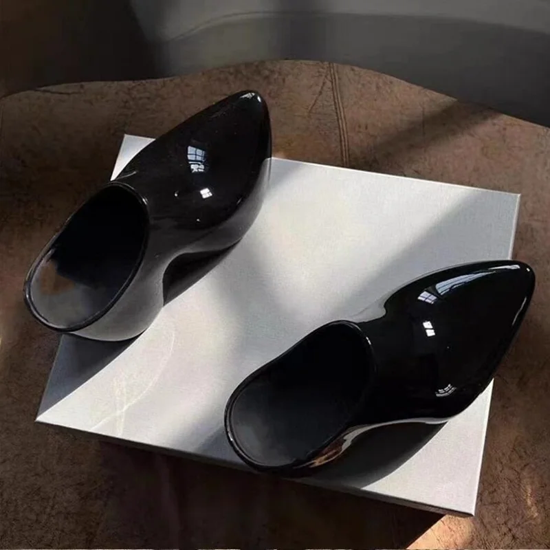 

Black Patent Leather Slip On Thick Platform Wedge Shoes Pointed Toe Strange Style Spring Autumn Leisure Shoes