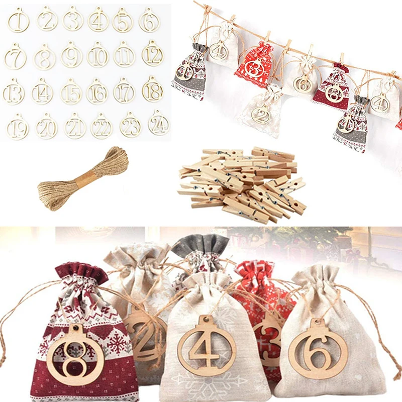 

24Days Wooden Christmas Advent Calendar Xmas Gift Bags 1-25 Tags Home Party Christmas Decorations Advent Calendar Pendant