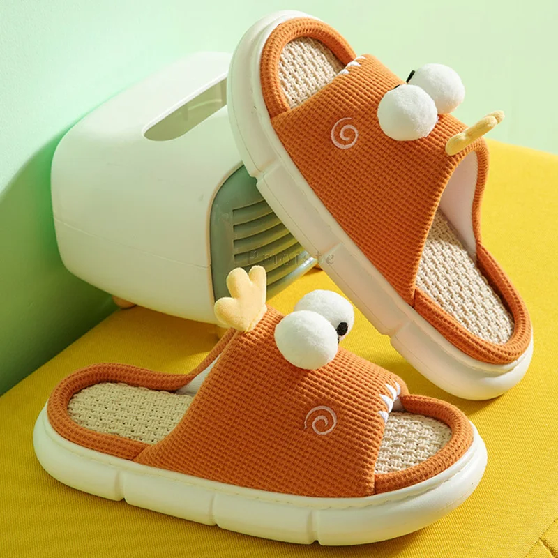 Solid Women's House Slippers Lovely Cartoon Linen Cotton Slippers   Woman Indoor Slippers Female Open Toe Slides All Season