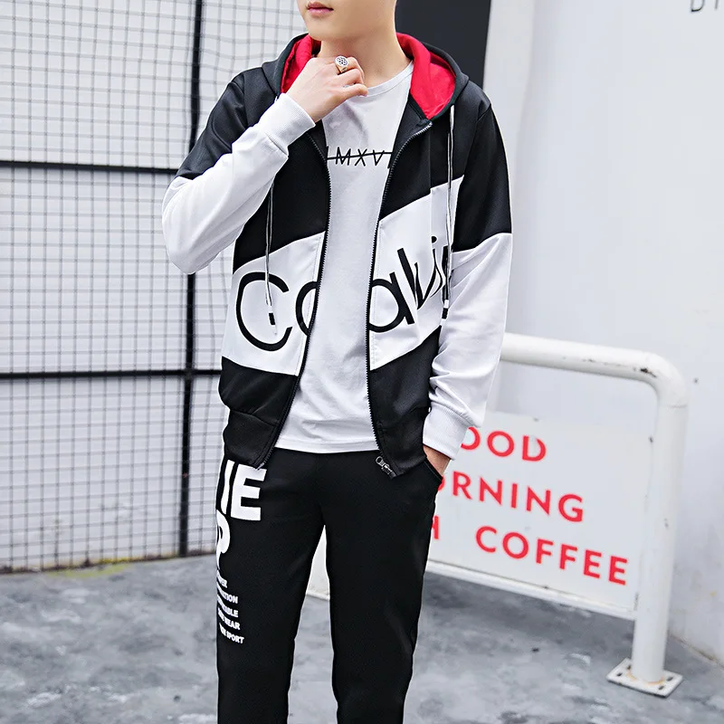 

Spring and Autumn Leisure Sports Sweater Suit Men's Stitching Letter Hooded Korean Youth Two-Piece Coat Fashion