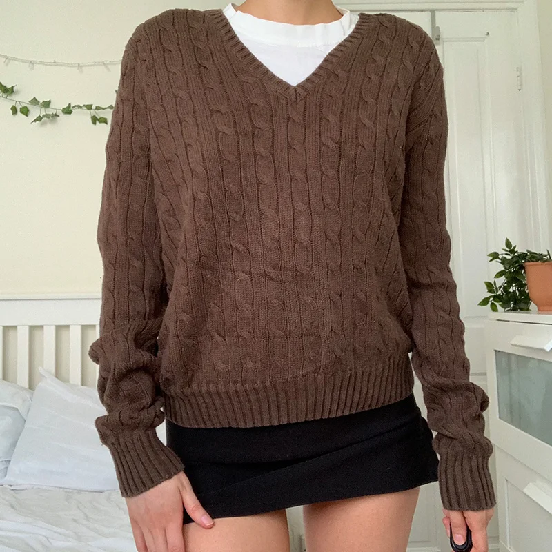 

England style V Neck Knitted Sweaters Women Autumn Winter Long Sleeve Solid Cute Jumpers Female Fashion Pullover Tops Mujer