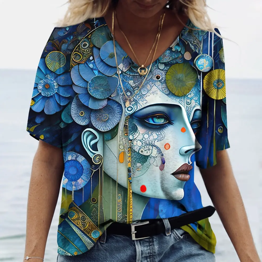 

Женская летняя модная футболка с V-образным вырезом и коротким рукавом, Женский пуловер с 3d-рисунком, повседневный свободный женский топ, футболка