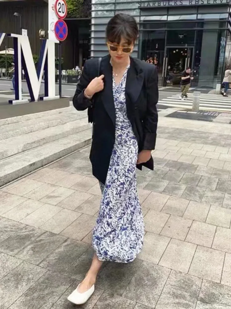 Women Retro Print Pleated V-Neck Midi Dress 2023 Spring Summer New Lady Long Sleeve Slim Fit Irregular Long Robes