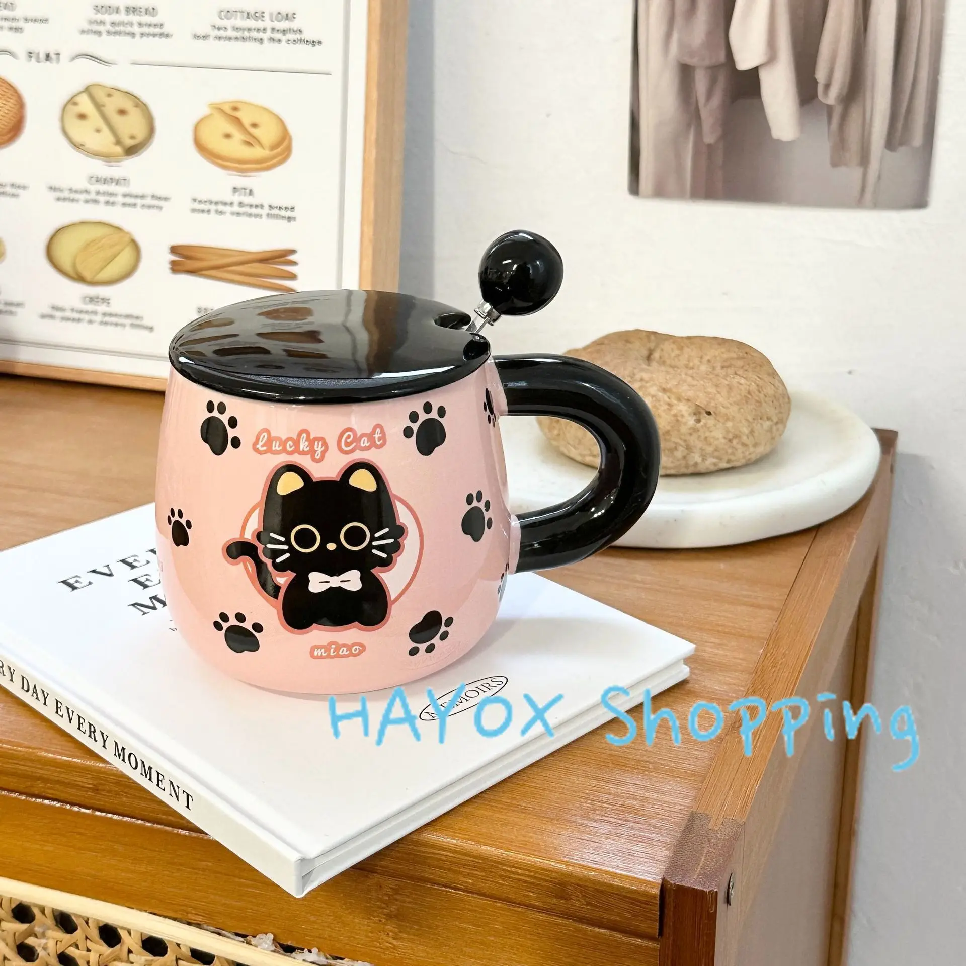 Кружка с розовым котом мультяшная керамическая чашка крышкой и ложкой Офисная