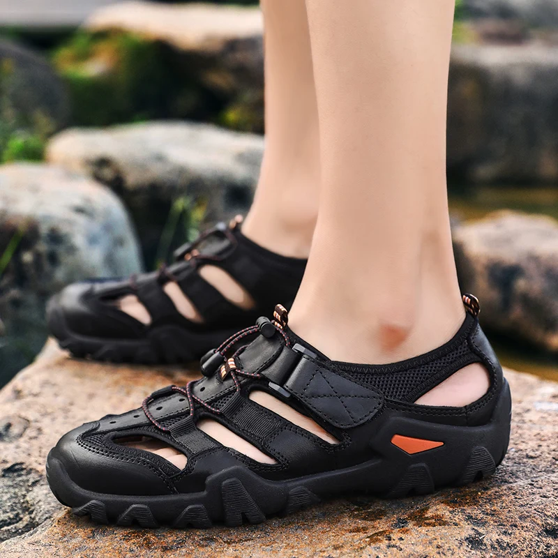 

WAERTA Summer Mens Genuine Leather Sandals Antiskid Breathable Outdoor Sandals Trekking Casual Beach Shoes Male Loafers Big Size