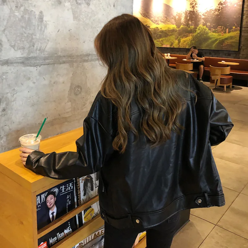 Spring Autumn Faux Leather Jacket Women Casual PU Loose Motorcycle Jackets Female Streetwear Oversized Coat Korean black top