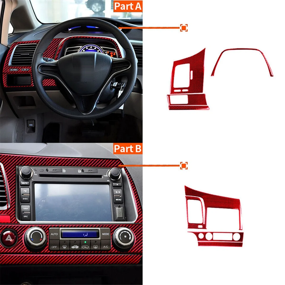 7 шт. для Honda Civic 8 2006-2011 красное углеродное волокно комплект обшивки приборной
