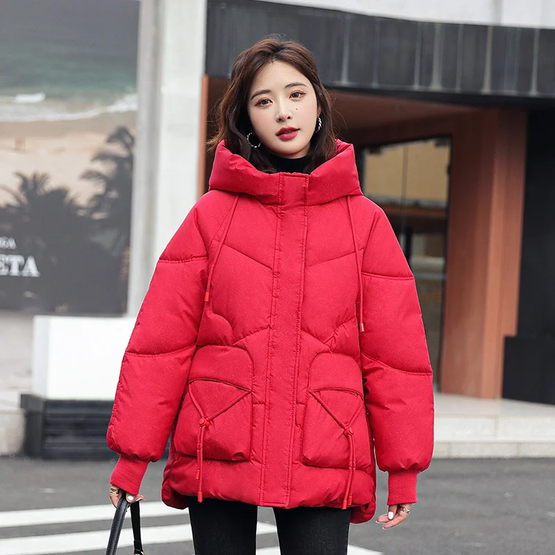 2022 New Autumn Winter Women Jacket Hooded Flash Powder Short Parkas Cotton Padded Winter Clothes Casual Coat Female