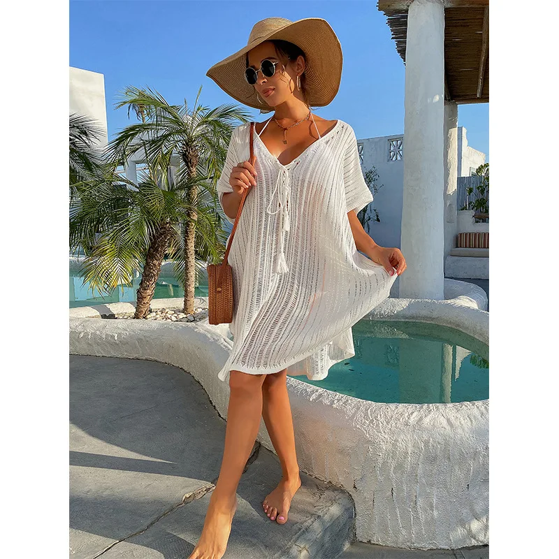 

Summer Vacation Sexy Hollowed Out Strap Loose Pullover Bikini Sunscreen Knitted Beach Smock Beach Cover Ups for Women Beachwear