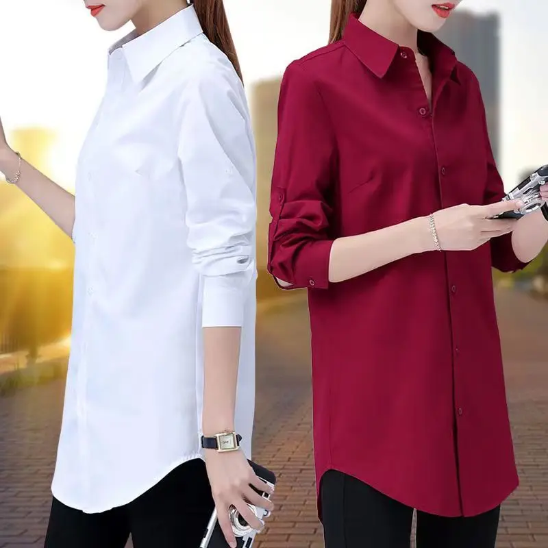 

2023 Spring Long Sleeve Shirts for Office Lady Bandage Fashion Blue Striped Button Up Blouses Polo-Neck Casual Tops T800