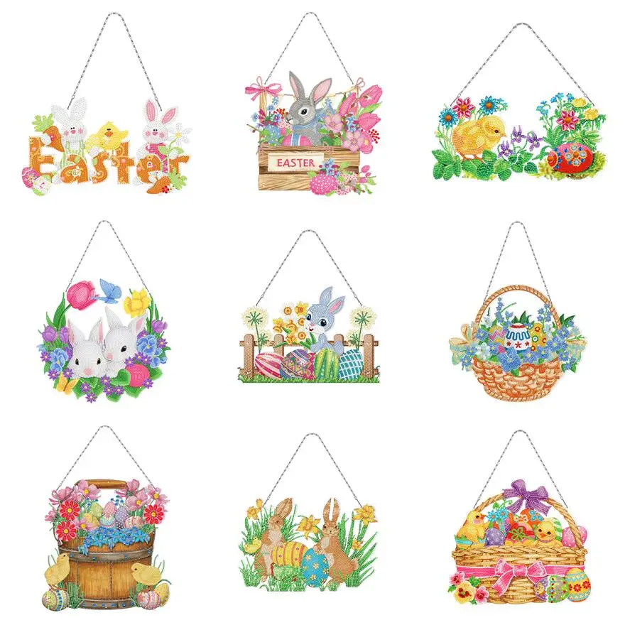 

5D DIY Diamond Painting Easter Wreath Cartoon Rabbit and Flowers Rhinestone Embroidery Hanging Ornament Wreath Home Decoration