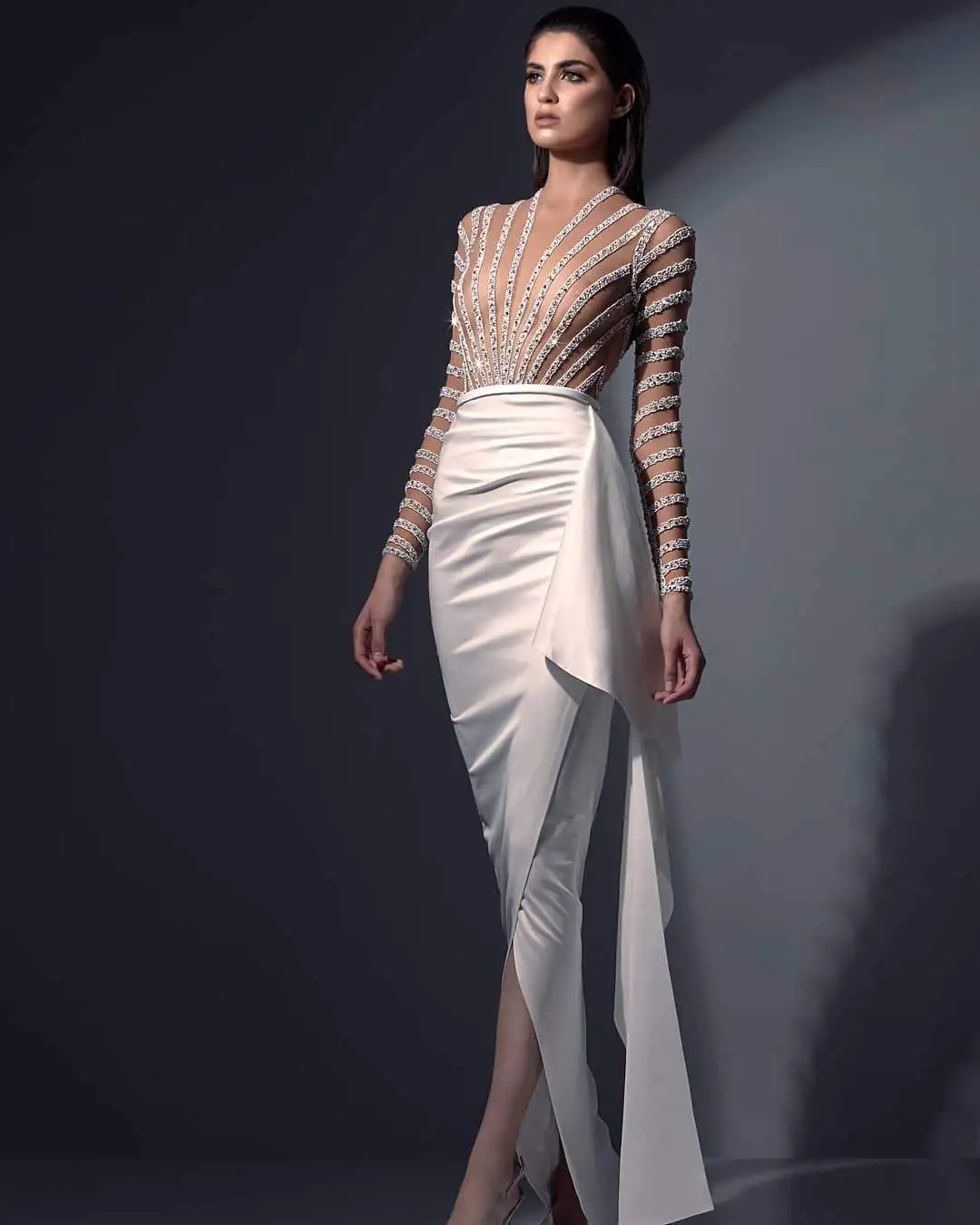 

ashion sexy see-through elegant split gown long sleeve v-neck stripe sexy dress eye-catching glittery party dresses Vestidos