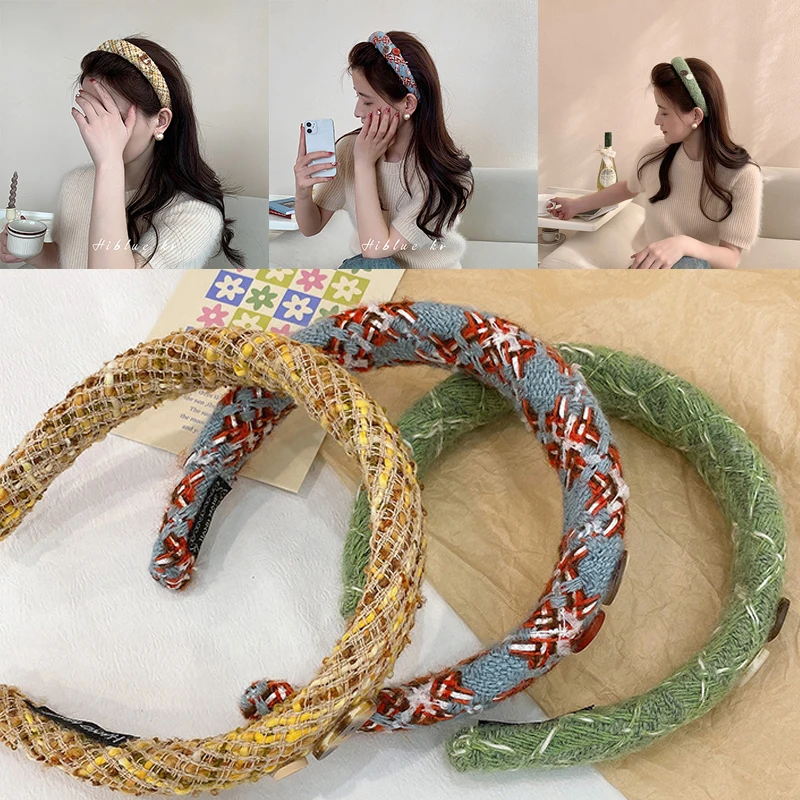 

Vintage Bohemia Headband Sweet Tweed Weave Colorful Hair Hoop Handmade Sponge Padded Thick Head Hoop Hair Accessories For Women