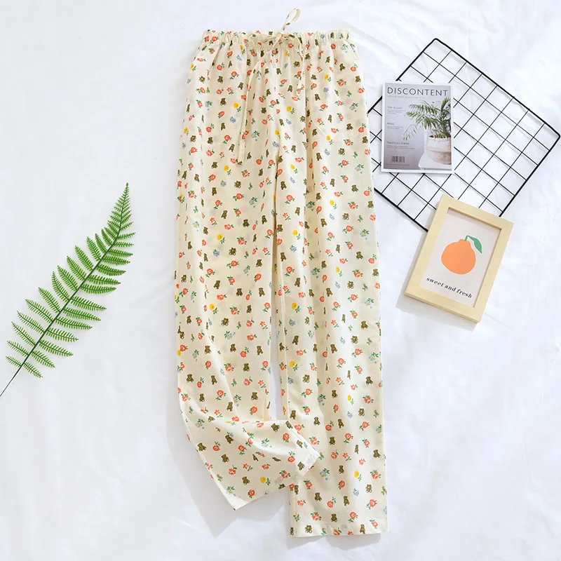 Plain Cloth Rural Floral Pajama Pants Female Summer Thin Encryption Cotton Side Pockets Home Large Can Be Worn Outside Trousers