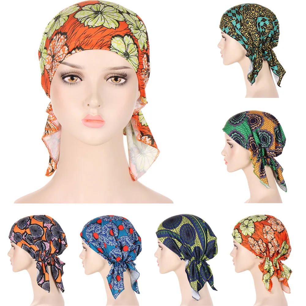 

Muslim Women Soft Stretch Turban Hat Pre-Tied Head Scarf Printed Ladiess Cancer Chemo Cap Inner Hijab Wrap Head Hair Accessories
