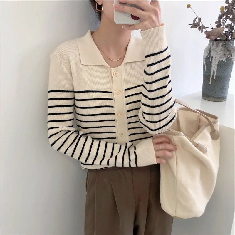 

French Vintage Stripe Knitted Cardigan Spring New Casual Women Sweater Coat Tops