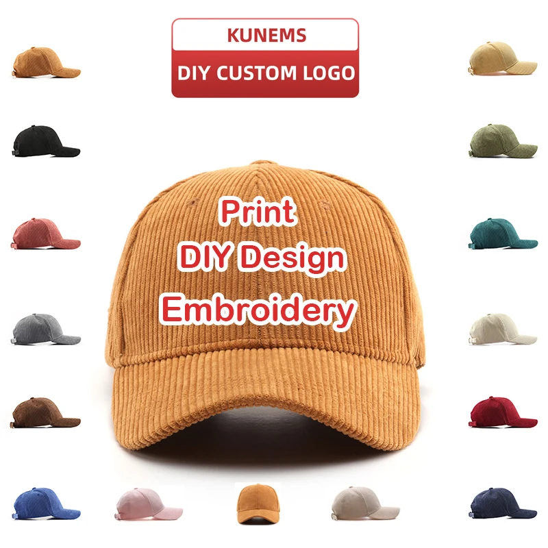 KUNEMS Custom Embroidery Baseball Caps Corduroy Solid Color Cap for Women and Men DIY LOGO Design Print Hats Unisex Wholesale
