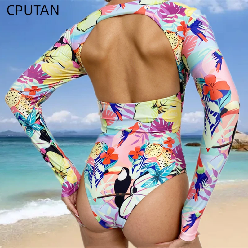 

Слитный купальник с принтом, новинка 2021, сексуальный купальник с длинным рукавом, женский купальный костюм, пляжная одежда, купальные костюмы с вырезом на спине, монокини