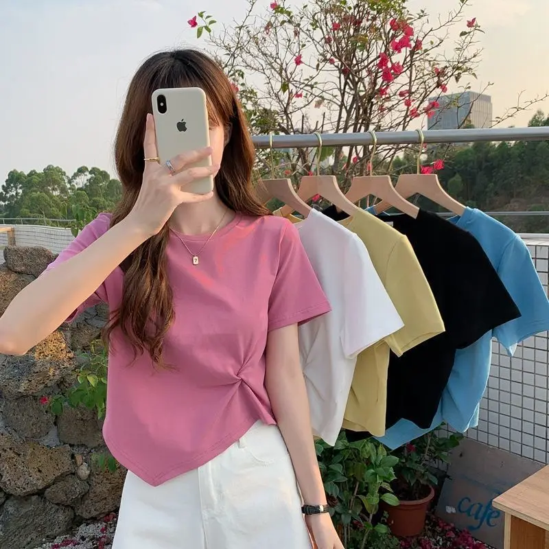 

Женская футболка Sutimine, Новинка лета 2023, Повседневная тонкая футболка с круглым вырезом и коротким рукавом в Корейском стиле, нестандартный дизайн