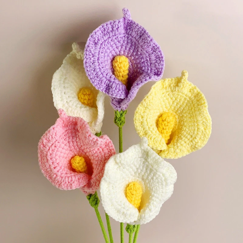 

Creative Decorate Finished Crochet Knitted Flowers Calla Lily Fake Flower Gifts Home Table Wedding Decoration
