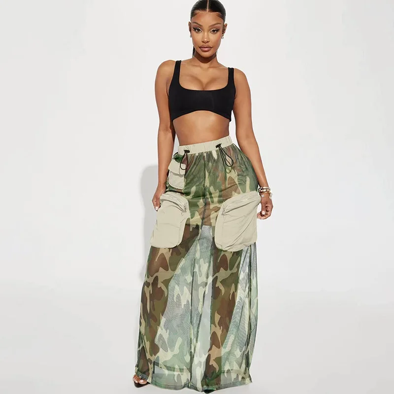 

Drawstring Elastic High Waist Pockets Fashion Streetwear Long Bottoms Dress Women Camouflage Print Sheer Mesh Maxi Cargo Skirts