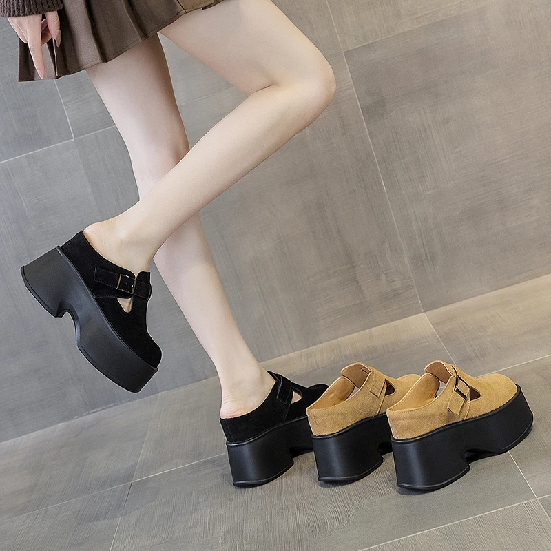 AIYUQI Women's Sippers 2023 Spring High-heel Platform Retro Women's Loafers Casual Square Toe Genuine Leather Mules For Ladies