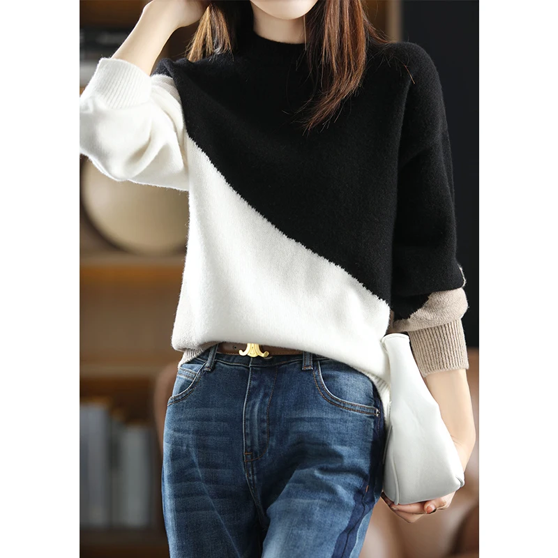 Spring Summer 2023 Fashionable New Black and White Color Contrast 100% Pure Wool Sweater Women's Loose Pullover Sweater Underlay